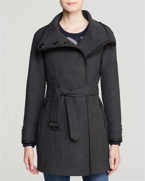 Burberry Brit Waltford Charcoal Wool Blend Leather Trim Coat